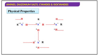 AMINES, DIAZONIUM SALTS, CYANIDES & ISOCYANIDES
H


…….H
H


N
R
H
H



N
H…….
R
H…….


H R

………...
Physical Properties
………...
………...
………...
………...
N

R N

 