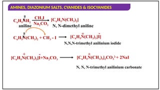 AMINES, DIAZONIUM SALTS, CYANIDES & ISOCYANIDES
C6H5NH2
[C6H5N(CH3)2]
N, N-dimethyl aniline
aniline


CH3I
Na2CO3
C6H5N(CH3)2 + CH3 - I [C6H5N(CH3)3]I]
N,N,N-trimethyl anilinium iodide


-
+
[C6H5N(CH3)3]I+Na2CO3
N, N, N-trimethyl anilinium carbonate
+ - +
[C6H5N(CH3)3]2CO3
2-
+ 2NaI
 
