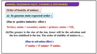 AMINES, DIAZONIUM SALTS, CYANIDES & ISOCYANIDES
Order of basicity of amines:
(b)The greater is the size of the ion, lesser will be the solvation and
the less stabilised is the ion. The order of stability of amines is….
a) In gaseous state expected order :
(Due to positive inductive effect )
Tertiary amine > secondary amine > primary amine > NH3
(Due to solvation effect )
10
amine > 20
amine> 30
amine.
 