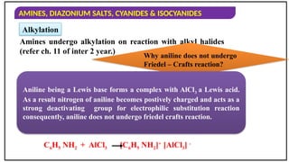 AMINES, DIAZONIUM SALTS, CYANIDES & ISOCYANIDES
Amines undergo alkylation on reaction with alkyl halides
(refer ch. 11 of inter 2 year.)
Alkylation
Why aniline does not undergo
Friedel – Crafts reaction?
Aniline being a Lewis base forms a complex with AlCl3 a Lewis acid.
As a result nitrogen of aniline becomes postively charged and acts as a
strong deactivating group for electrophilic substitution reaction
consequently, aniline does not undergo friedel crafts reaction.
C6H5 NH2 + AlCl3 [C6H5 NH2]+
[AlCl3] -
 