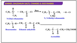 AMINES, DIAZONIUM SALTS, CYANIDES & ISOCYANIDES
C2H5 – N
C2H5
..
H
+ CH3 – C – Cl
O
Base
C2H5 – N – C - CH3
C2H5
..
O
+ H – Cl
N-Ethyl ethanamine N, N-Diethyl ethanamide
C6H5 – N –H +
H
..
CH3 – C – O
O
– C –CH3
O
C6H5 – N – C - CH3+ CH3COOH
H
..
O
Benzenamine Ethanoic anhydride
Acetanilide
 