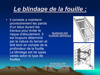 Le blindage de la fouille :
• il consiste a maintenir
provisoirement les parois
d’un talus durant les
travaux pour éviter le
risque d’éboulement. Il
est toujours déterminé
par la nature du terrain et
doit tenir en compte de la
profondeur de la fouille.
Le blindage est de types
variés selon le type de
fouilles
BLINDAGE PAR
PLANCHE HORIZONTALE
BLINDAGE PAR
PLANCHE VERTICALE
 