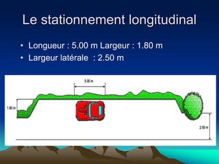 Le stationnement longitudinal
• Longueur : 5.00 m Largeur : 1.80 m
• Largeur latérale : 2.50 m
 