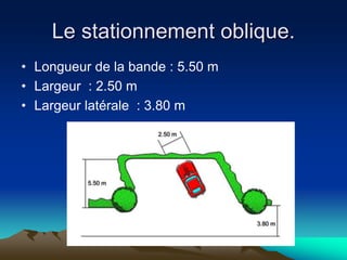 Le stationnement oblique.
• Longueur de la bande : 5.50 m
• Largeur : 2.50 m
• Largeur latérale : 3.80 m
 