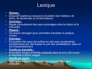 Lexique
• Réseau :
• Dispositif spatial qui assure la circulation (de matières, de
biens, de personnes ou d'informations)
• Caniveau :
• Rigole d'écoulement des eaux aménagée entre le trottoir et la
chaussée
• Regard :
• Ouverture ménagée (pour permettre d'accéder à quelque
chose)
• Drainage :
• Évacuation des eaux de surface ou des eaux souterraines
excédentaires par des fossés ou par des canalisations, dans un
but d'assainissement
• Fouille en tranchée :
• Excavation longue et étroite pratiquée dans le sol à ciel ouvert
et destinée à divers usages
• Fouille en rigole :
• Petit canal artificiel ou naturel le long duquel l'eau peut
s'écouler
 