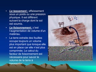 • Le tassement : affaissement
sous un poids ou une pression
physique. Il est différent
suivant la charge dont le sol
est soumis.
• Le foisonnement : c’est
l’augmentation de volume d'un
matériau.
• La terre extraite des fouilles
occupe toujours un volume
plus important que lorsque elle
est en place car elle n’est plus
comprimée. Le calcul du
facteur de foisonnement est
nécessaire pour savoir le
volume de la terre à
transporter.
 