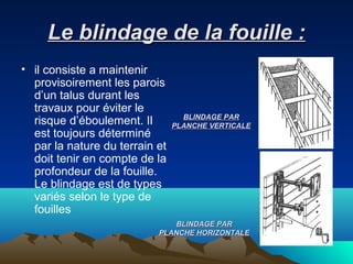 Le blindage de la fouille :Le blindage de la fouille :
• il consiste a maintenir
provisoirement les parois
d’un talus durant les
travaux pour éviter le
risque d’éboulement. Il
est toujours déterminé
par la nature du terrain et
doit tenir en compte de la
profondeur de la fouille.
Le blindage est de types
variés selon le type de
fouilles
BLINDAGE PARBLINDAGE PAR
PLANCHE HORIZONTALEPLANCHE HORIZONTALE
BLINDAGE PARBLINDAGE PAR
PLANCHE VERTICALEPLANCHE VERTICALE
 