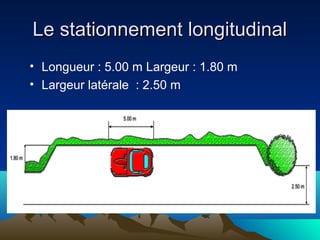 Le stationnement longitudinalLe stationnement longitudinal
• Longueur : 5.00 m Largeur : 1.80 m
• Largeur latérale : 2.50 m
 
