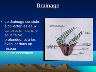 DrainageDrainage
• Le drainage consiste
à collecter les eaux
qui circulent dans le
sol à faible
profondeur et à les
évacuer dans un
réseau
d’assainissement.
 