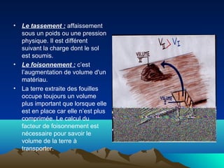 • Le tassement : affaissement
sous un poids ou une pression
physique. Il est différent
suivant la charge dont le sol
est soumis.
• Le foisonnement : c’est
l’augmentation de volume d'un
matériau.
• La terre extraite des fouilles
occupe toujours un volume
plus important que lorsque elle
est en place car elle n’est plus
comprimée. Le calcul du
facteur de foisonnement est
nécessaire pour savoir le
volume de la terre à
transporter.
 