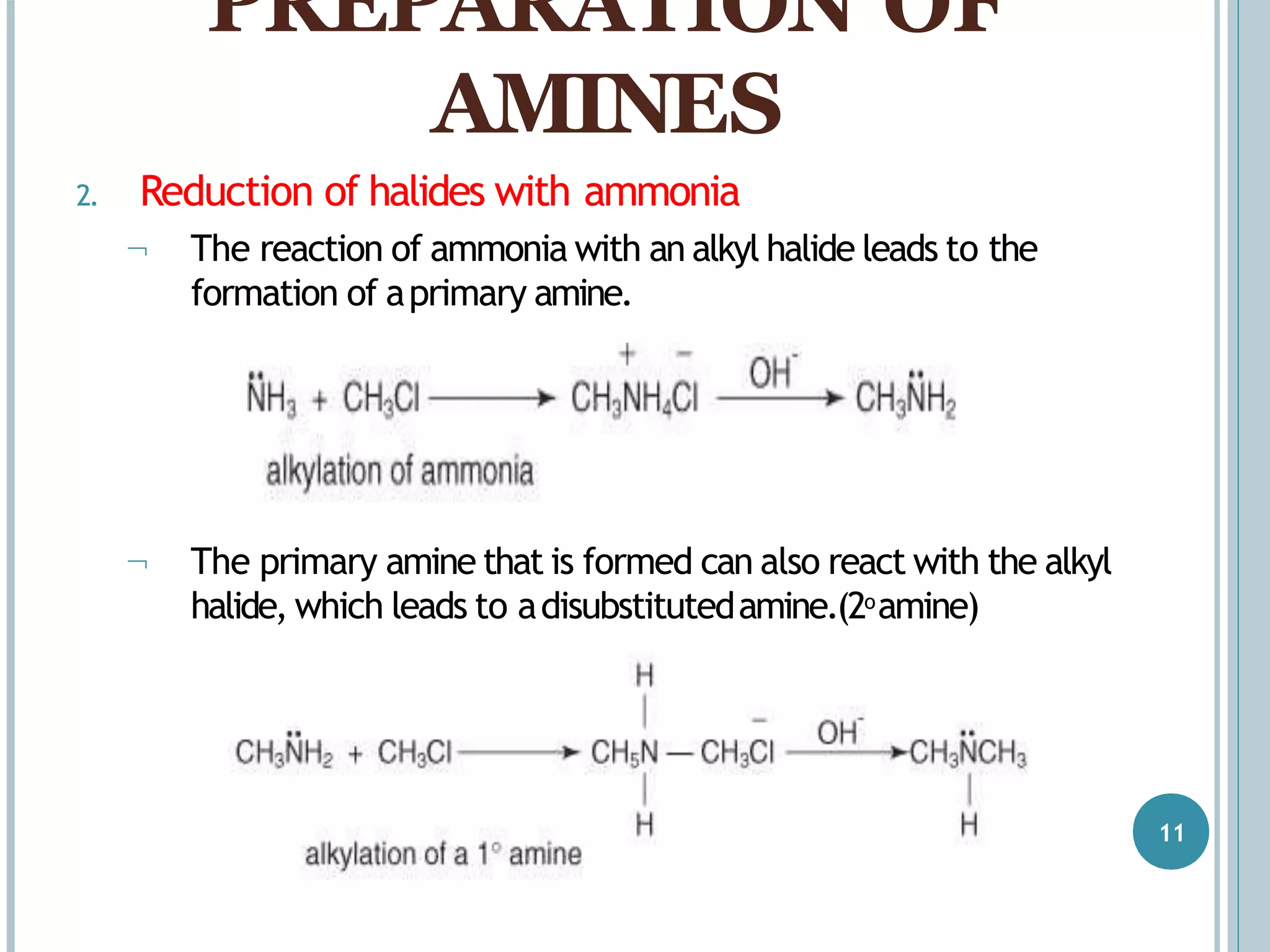 The reaction of ammonia with an alkyl halide leads to the
formation of aprimary amine.
 The primary amine that is formed can also react with the alkyl
halide, which leads to adisubstitutedamine.(2oamine)
PREPARATION OF
AMINES
2. Reduction of halides with ammonia
11
 