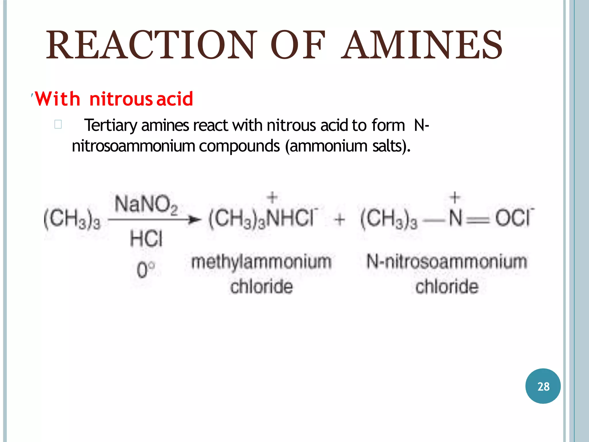 With nitrousacid
 Tertiary amines react with nitrous acid to form N-
nitrosoammonium compounds (ammonium salts).
REACTION OF AMINES
28
 