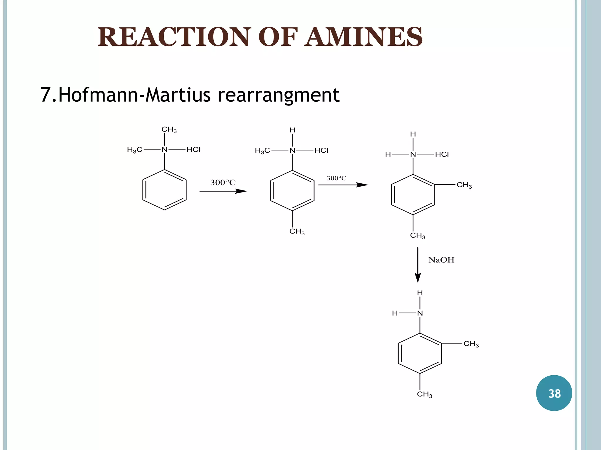 REACTION OF AMINES
7.Hofmann-Martius rearrangment
N
CH3
HClH3C
300°C
N
H
HClH3C
CH3
300°C
N
H
HCl
CH3
H
CH3
N
H
CH3
H
CH3
NaOH
38
 