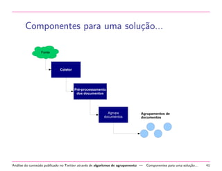 Componentes para uma solu¸˜o...
ca
Fonte

Coletor

Pré-processamento
dos documentos

Agrupa
documentos

Agrupamentos de
documentos

An´lise do conte´do publicado no Twitter atrav´s de algoritmos de agrupamento —
a
u
e

Componentes para uma solu¸˜o...
ca

41

 