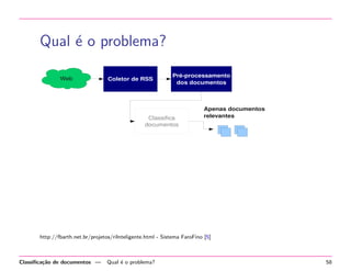 Qual ´ o problema?
e

http://fbarth.net.br/projetos/riInteligente.html - Sistema FaroFino [5]

Classiﬁca¸˜o de documentos —
ca

Qual ´ o problema?
e

58

 