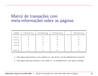 Matriz de transa¸oes com
c˜
meta-informa¸oes sobre as p´ginas
c˜
a
usu´rio
a

categoria1

categoria2

categoria3

···

categoriam

user1

0

2

0

···

1

user2

1

1

0

···

0

user3

2

0

1

···

0

user4

0

1

0

···

0

···

···

···

···

···

···

usern

1

1

0

···

1

• Cada p´gina pode pertencer a uma categoria (i.e., tipo de livro, tipo de estabelecimento comercial)
a
• Cada p´gina pode estar associada a uma cidade (i.e., um estabelecimento, uma vaga de emprego)
a

Minerando o log de um servidor Web —

Matriz de transa¸˜es com meta-informa¸oes sobre as p´ginas
co
c˜
a

66

 