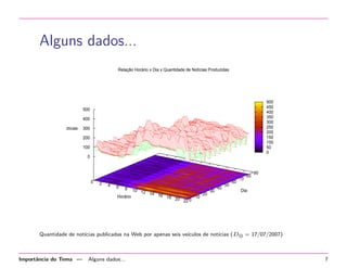 Alguns dados...
Relação Horário x Dia x Quantidade de Notícias Produzidas

500
450
400
350
300
250
200
150
100
50
0

500
400
Notícias

300
200
100
0

0

2

4

6

8

10 12
30
14 16
20
Horário
10
18 20
22 0

40

50

60

70

80

90

Dia

Quantidade de not´
ıcias publicadas na Web por apenas seis ve´
ıculos de not´
ıcias (D0 = 17/07/2007)

Importˆncia do Tema —
a

Alguns dados...

7

 