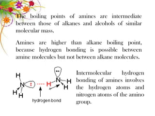 The boiling points of amines are intermediate
between those of alkanes and alcohols of similar
molecular mass.
Amines are higher than alkane boiling point,
because hydrogen bonding is possible between
amine molecules but not between alkane molecules.

                       Intermolecular     hydrogen
                       bonding of amines involves
                       the hydrogen atoms and
                       nitrogen atoms of the amino
                       group.
 