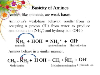 Basicity of Amines
Amines, like ammonia, are weak bases.
Ammonia’s weak-base behavior results from its
accepting a proton (H+) from water to produce
ammonium ion (NH4+) and hydroxyl ion (OH- )

    NH3 + HOH = NH4 + + OH-
   ammonia              Ammonium ion    Hydroxide ion

Amines behave in a similar manner.
                         +
CH3 – NH2 + H OH = CH3 + NH3 + OH-
Methylamine               Methylammonium ion Hydroxide ion
 