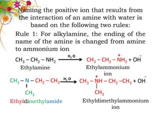 Naming the positive ion that results from
   the interaction of an amine with water is
       based on the following two rules:
  Rule 1: For alkylamine, the ending of the
  name of the amine is changed from amine
  to ammonium ion
                        H2 O                +       -
  CH3 – CH2 – NH2                CH3 – CH2 – NH3 + OH
   Ethylamine                    Ethylammonium

                      H2 O
                                    + ion               -
CH3 – N – CH2 – CH3            CH3 – NH – CH2 –CH3 + OH
     CH3                            CH3
Ethyldimethylamide              Ethyldimethylammonium
                                          ion
 