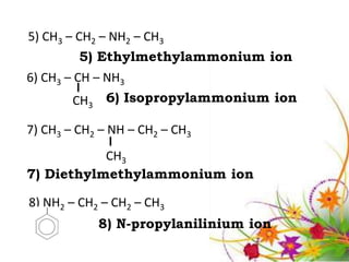 5) CH3 – CH2 – NH2 – CH3
         5) Ethylmethylammonium ion
6) CH3 – CH – NH3
        CH3 6) Isopropylammonium ion

7) CH3 – CH2 – NH – CH2 – CH3
           CH3
7) Diethylmethylammonium ion

8) NH2 – CH2 – CH2 – CH3
            8) N-propylanilinium ion
 