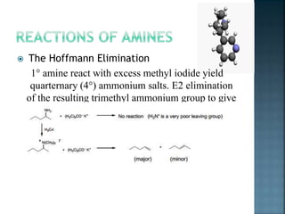  The Hoffmann Elimination
1° amine react with excess methyl iodide yield
quarternary (4°) ammonium salts. E2 elimination
of the resulting trimethyl ammonium group to give
an alkene.
 
