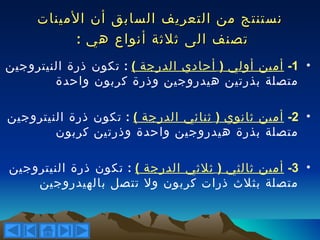 ‫نستنتج من التعريف السابق أن المينات‬
           ‫تصنف الى ثلثة أنواع هي :‬
‫• 1- أمين أولي ) أحادي الدرجة ( : تكون ذرة النيتروجين‬
        ‫متصلة بذرتين هيدروجين وذرة كربون واحدة‬

‫• 2- أمين ثانوي ) ثنائي الدرجة ( : تكون ذرة النيتروجين‬
        ‫متصلة بذرة هيدروجين واحدة وذرتين كربون‬

‫• 3- أمين ثالثي ) ثلثي الدرجة ( : تكون ذرة النيتروجين‬
    ‫متصلة بثلث ذرات كربون ول تتصل بالهيدروجين‬
 