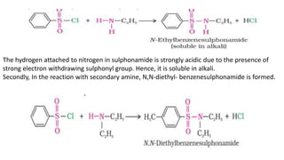 The hydrogen attached to nitrogen in sulphonamide is strongly acidic due to the presence of
strong electron withdrawing sulphonyl group. Hence, it is soluble in alkali.
Secondly, In the reaction with secondary amine, N,N-diethyl- benzenesulphonamide is formed.
 