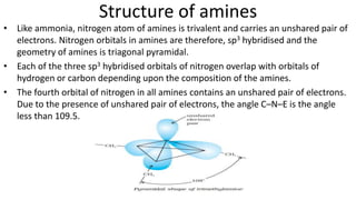 Structure of amines
• Like ammonia, nitrogen atom of amines is trivalent and carries an unshared pair of
electrons. Nitrogen orbitals in amines are therefore, sp3 hybridised and the
geometry of amines is triagonal pyramidal.
• Each of the three sp3 hybridised orbitals of nitrogen overlap with orbitals of
hydrogen or carbon depending upon the composition of the amines.
• The fourth orbital of nitrogen in all amines contains an unshared pair of electrons.
Due to the presence of unshared pair of electrons, the angle C–N–E is the angle
less than 109.5.
 