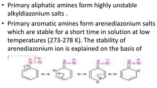 • Primary aliphatic amines form highly unstable
alkyldiazonium salts .
• Primary aromatic amines form arenediazonium salts
which are stable for a short time in solution at low
temperatures (273-278 K). The stability of
arenediazonium ion is explained on the basis of
resonance.
 