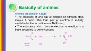 Basicity of amines
Amines are basic in nature.
• The presence of lone pair of electron on nitrogen atom
makes it basic. This lone pair of electron is radially
available for the formation new N-H bond.
• The substance which donate electron in reaction is a
base according to Lewis concept.
1
HH
+ + -
+ R N H ClR N HCl
H
Salt
H
Amine
Base
acid
 