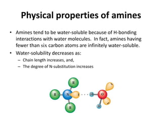 Physical properties of amines
• Amines tend to be water-soluble because of H-bonding
interactions with water molecules. In fact, amines having
fewer than six carbon atoms are infinitely water-soluble.
• Water-solubility decreases as:
– Chain length increases, and,
– The degree of N-substitution increases
 