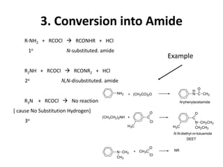 R-NH2 + RCOCl  RCONHR + HCl
1o N-substituted. amide
R2NH + RCOCl  RCONR2 + HCl
2o N,N-disubstituted. amide
R3N + RCOCl  No reaction
[ cause No Substitution Hydrogen]
3o
3. Conversion into Amide
NH2 + (CH3CO)2O
H
N C CH3
O
N-phenylacetamide
C
O
Cl
(CH3CH2)2NH + C
O
N CH2CH3
CH2CH3
N.N-diethyl-m-toluamide
N CH3
CH3
+ CH3C
O
Cl
NR
H3C H3C
DEET
Example
 