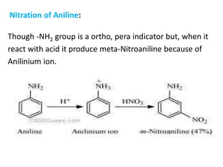 Nitration of Aniline:
Though -NH2 group is a ortho, pera indicator but, when it
react with acid it produce meta-Nitroaniline because of
Anilinium ion.
 