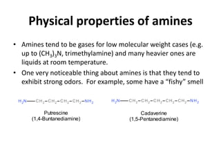 Physical properties of amines
• Amines tend to be gases for low molecular weight cases (e.g.
up to (CH3)3N, trimethylamine) and many heavier ones are
liquids at room temperature.
• One very noticeable thing about amines is that they tend to
exhibit strong odors. For example, some have a “fishy” smell
Cadaverine
(1,5-Pentanediamine)
Putrescine
(1,4-Buntanediamine)
 