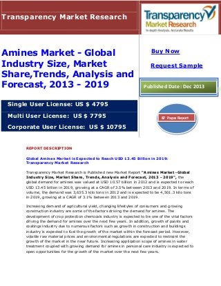 Transparency Market Research

Amines Market - Global
Industry Size, Market
Share,Trends, Analysis and
Forecast, 2013 - 2019

Buy Now
Request Sample

Published Date: Dec 2013

Single User License: US $ 4795
Multi User License: US $ 7795

87 Pages Report

Corporate User License: US $ 10795

REPORT DESCRIPTION
Global Amines Market is Expected to Reach USD 13.45 Billion in 2019:
Transparency Market Research
Transparency Market Research is Published new Market Report “Amines Market -Global
Industry Size, Market Share, Trends, Analysis and Forecast, 2013 - 2019", the
global demand for amines was valued at USD 10.57 billion in 2012 and is expected to reach
USD 13.45 billion in 2019, growing at a CAGR of 3.5% between 2013 and 2019. In terms of
volume, the demand was 3,635.3 kilo tons in 2012 and is expected to be 4,501.3 kilo tons
in 2019, growing at a CAGR of 3.1% between 2013 and 2019.
Increasing demand of agricultural yield, changing lifestyles of consumers and growing
construction industry are some of the factors driving the demand for amines. The
development of crop protection chemicals industry is expected to be one of the vital factors
driving the demand for amines over the next few years. In addition, growth of paints and
coatings industry due to numerous factors such as growth in construction and buildings
industry is expected to fuel the growth of the market within the forecast period. However,
volatile raw material prices and environmental regulations are expected to restraint the
growth of the market in the near future. Increasing application scope of amines in water
treatment coupled with growing demand for amines in personal care industry is expected to
open opportunities for the growth of the market over the next few years.

 