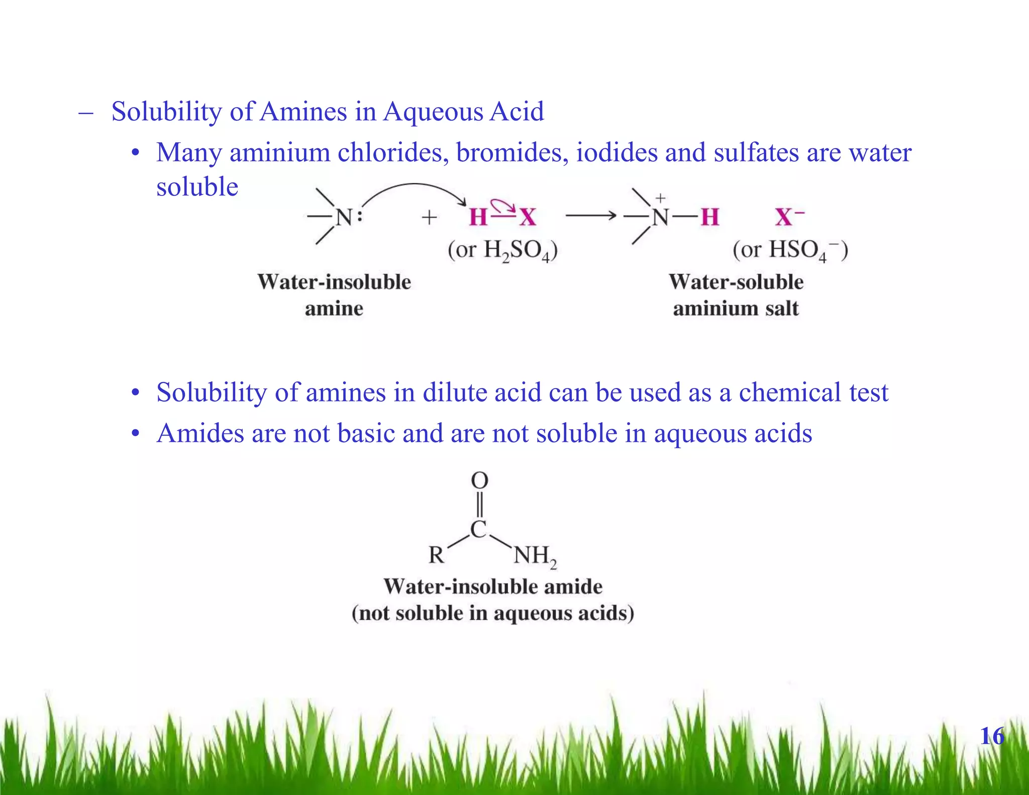 – Solubility of Amines in Aqueous Acid
• Many aminium chlorides, bromides, iodides and sulfates are water
soluble
• Solubility of amines in dilute acid can be used as a chemical test
• Amides are not basic and are not soluble in aqueous acids
16
 