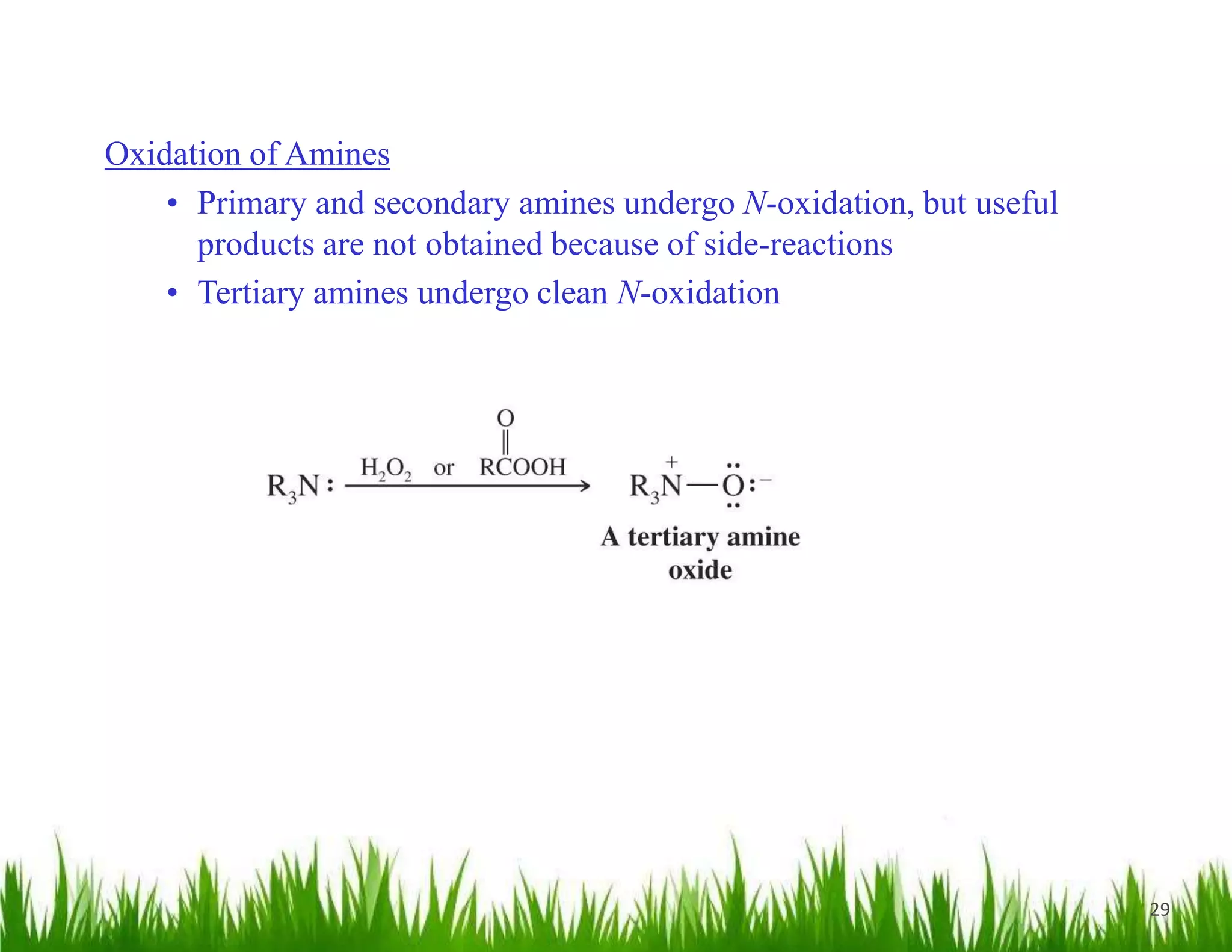 29
Oxidation of Amines
• Primary and secondary amines undergo N-oxidation, but useful
products are not obtained because of side-reactions
• Tertiary amines undergo clean N-oxidation
 