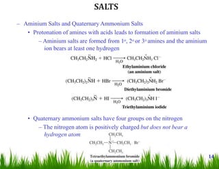 – Aminium Salts and Quaternary Ammonium Salts
• Protonation of amines with acids leads to formation of aminium salts
– Aminium salts are formed from 1o, 2o or 3o amines and the aminium
ion bears at least one hydrogen
• Quaternary ammonium salts have four groups on the nitrogen
– The nitrogen atom is positively charged but does not bear a
hydrogen atom
14
SALTS
 