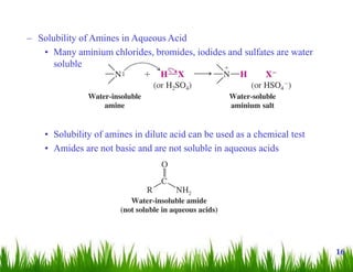 – Solubility of Amines in Aqueous Acid
• Many aminium chlorides, bromides, iodides and sulfates are water
soluble
• Solubility of amines in dilute acid can be used as a chemical test
• Amides are not basic and are not soluble in aqueous acids
16
 