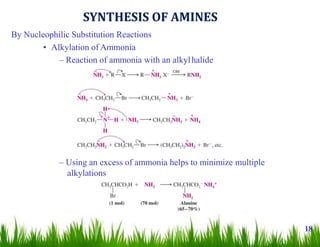 By Nucleophilic Substitution Reactions
• Alkylation of Ammonia
– Reaction of ammonia with an alkylhalide
– Using an excess of ammonia helps to minimize multiple
alkylations
18
SYNTHESIS OF AMINES
 