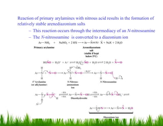 31
Reaction of primary arylamines with nitrous acid results in the formation of
relatively stable arenediazonium salts
– This reaction occurs through the intermediacy of an N-nitrosoamine
– The N-nitrosoamine is converted to a diazonium ion
 