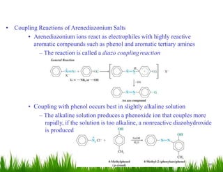 34
• Coupling Reactions of Arenediazonium Salts
• Arenediazonium ions react as electrophiles with highly reactive
aromatic compounds such as phenol and aromatic tertiary amines
– The reaction is called a diazo couplingreaction
• Coupling with phenol occurs best in slightly alkaline solution
– The alkaline solution produces a phenoxide ion that couples more
rapidly, if the solution is too alkaline, a nonreactive diazohydroxide
is produced
 