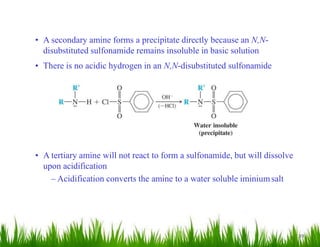 39
• A secondary amine forms a precipitate directly because an N,N-
disubstituted sulfonamide remains insoluble in basic solution
• There is no acidic hydrogen in an N,N-disubstituted sulfonamide
• A tertiary amine will not react to form a sulfonamide, but will dissolve
upon acidification
– Acidification converts the amine to a water soluble iminiumsalt
 