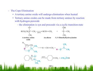 42
– The Cope Elimination
• A tertiary amine oxide will undergo elimination when heated
• Tertiary amine oxides can be made from tertiary amines by reaction
with hydrogen peroxide
– the elimination is syn and proceeds via a cyclic transition state
 