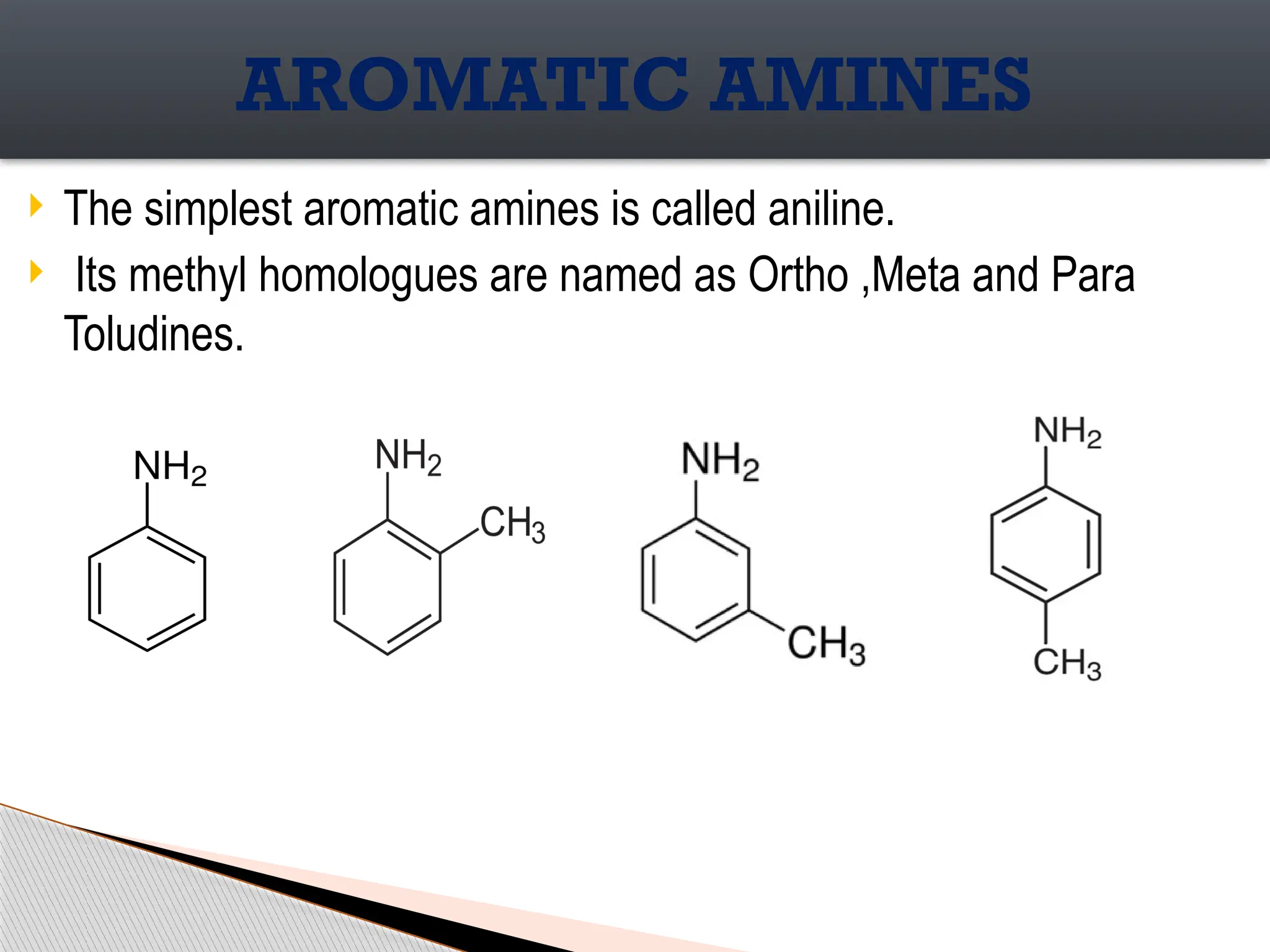  The simplest aromatic amines is called aniline.
 Its methyl homologues are named as Ortho ,Meta and Para
Toludines.
AROMATIC AMINES
 