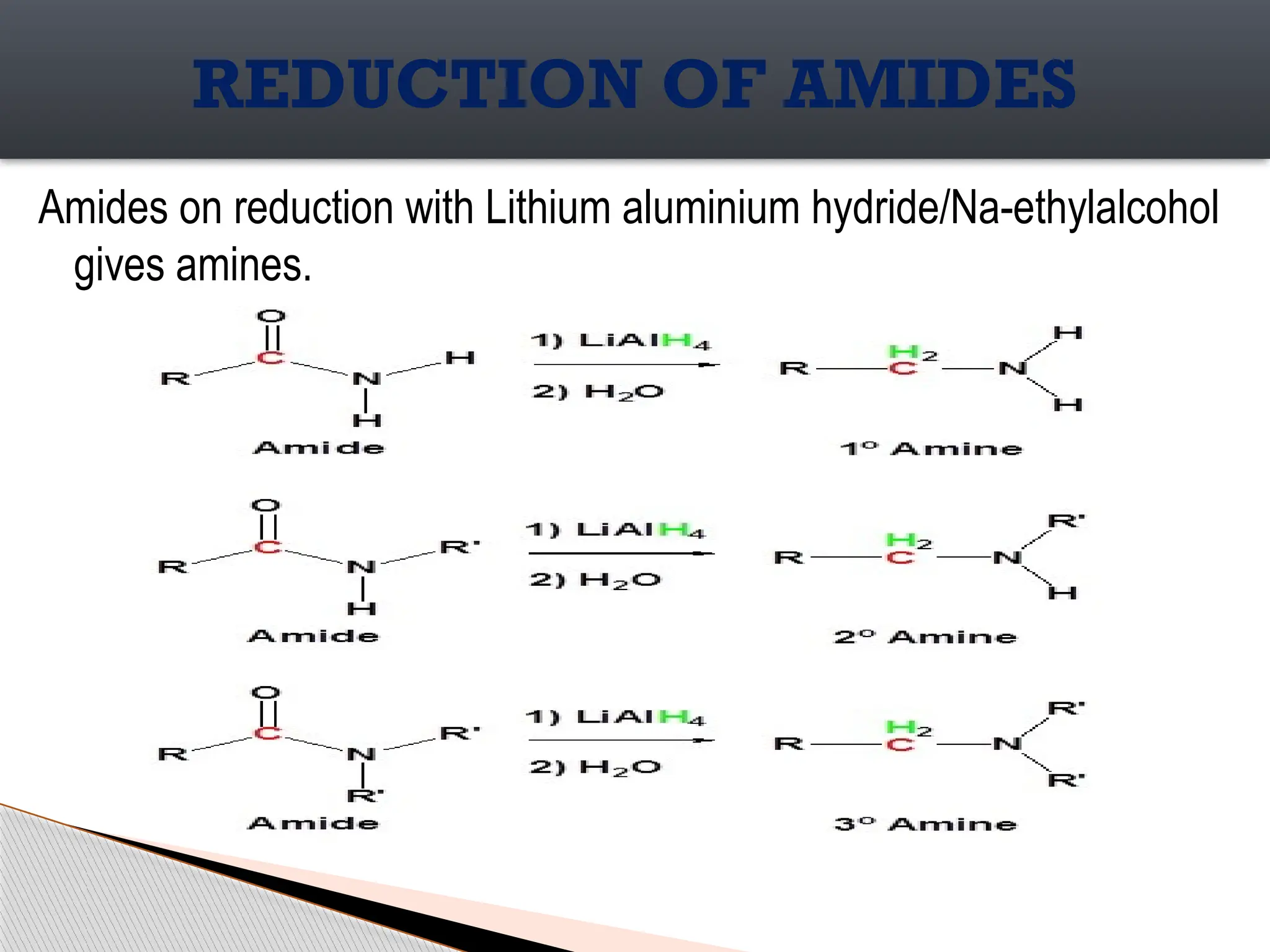 Amides on reduction with Lithium aluminium hydride/Na-ethylalcohol
gives amines.
REDUCTION OF AMIDES
 