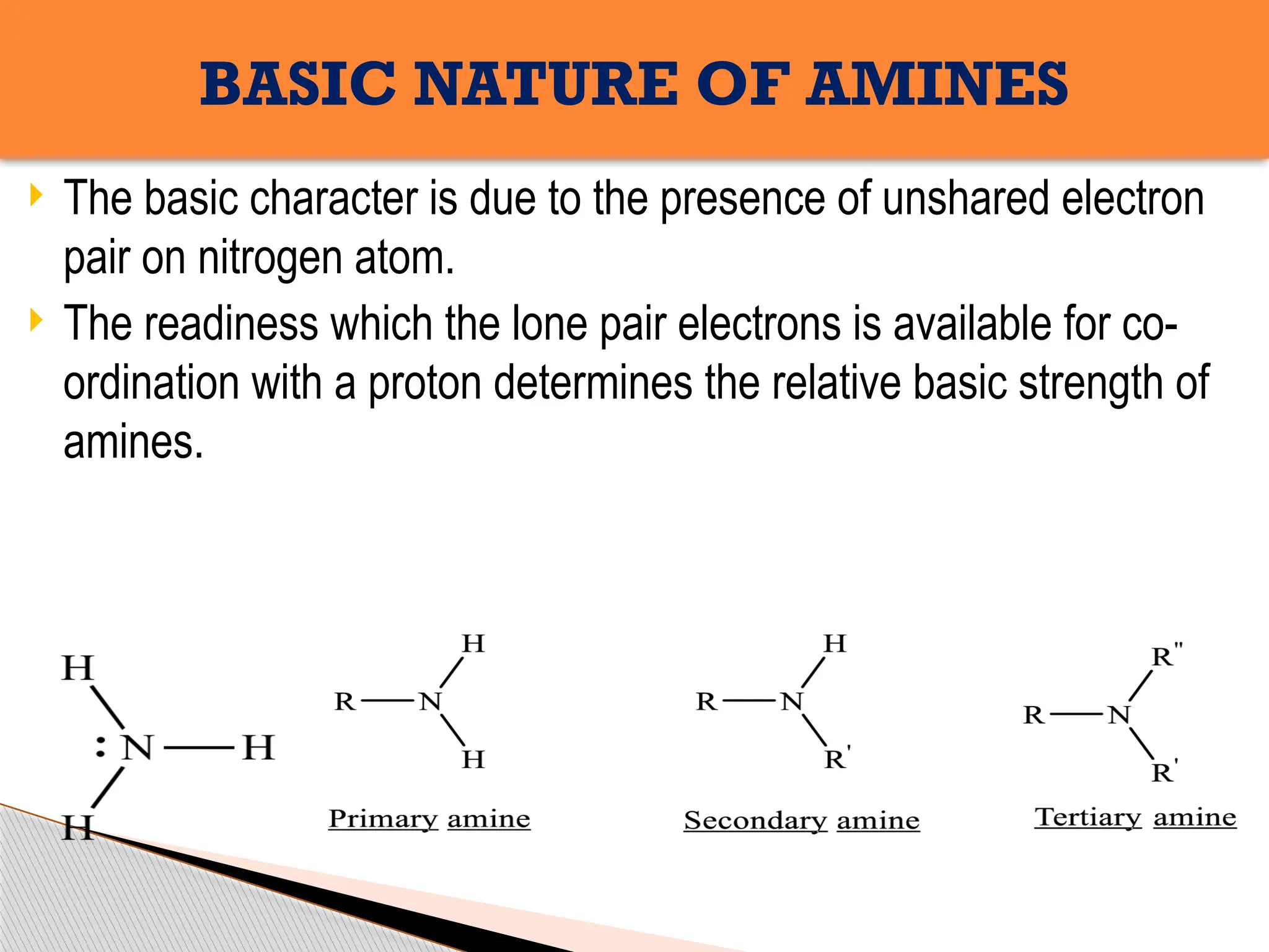  The basic character is due to the presence of unshared electron
pair on nitrogen atom.
 The readiness which the lone pair electrons is available for co-
ordination with a proton determines the relative basic strength of
amines.
BASIC NATURE OF AMINES
 