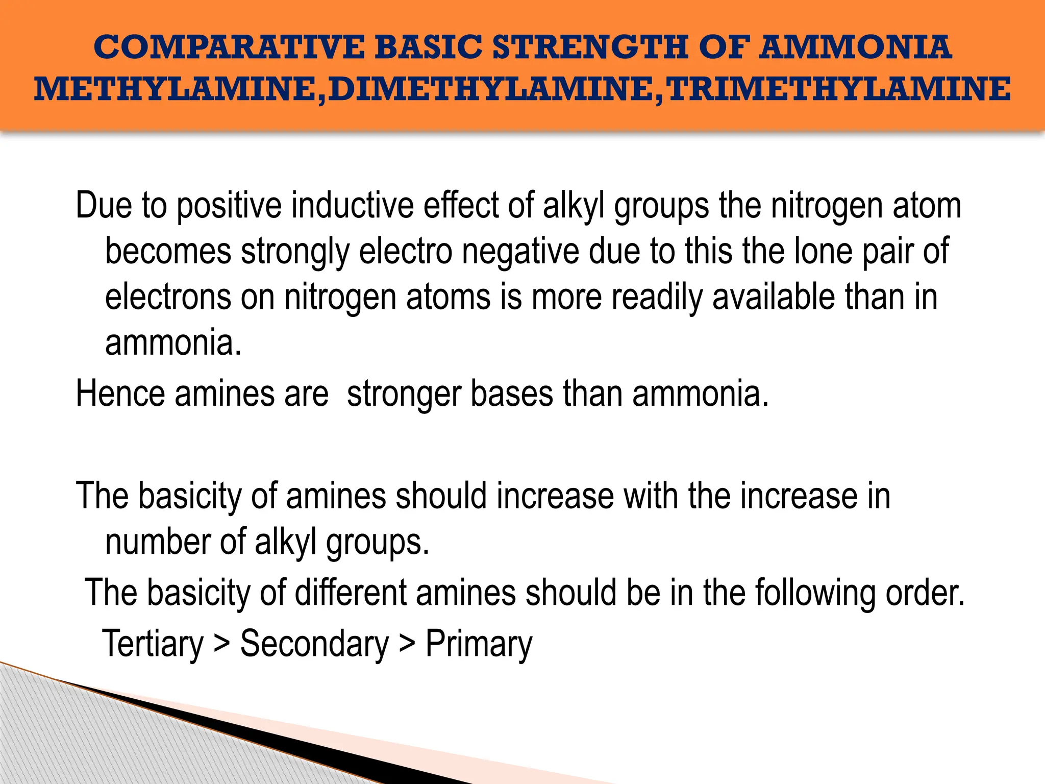 Due to positive inductive effect of alkyl groups the nitrogen atom
becomes strongly electro negative due to this the lone pair of
electrons on nitrogen atoms is more readily available than in
ammonia.
Hence amines are stronger bases than ammonia.
The basicity of amines should increase with the increase in
number of alkyl groups.
The basicity of different amines should be in the following order.
Tertiary > Secondary > Primary
COMPARATIVE BASIC STRENGTH OF AMMONIA
METHYLAMINE,DIMETHYLAMINE,TRIMETHYLAMINE
 