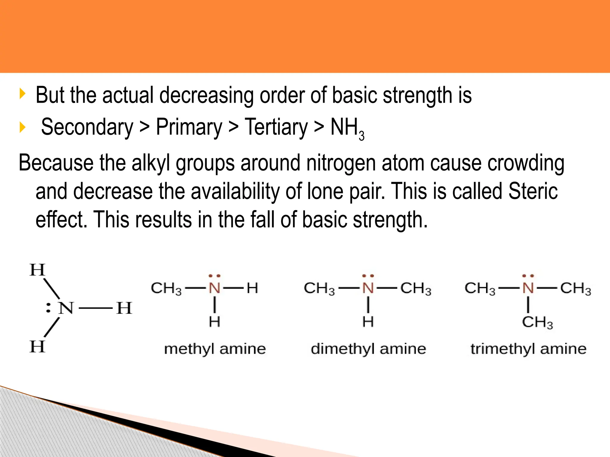  But the actual decreasing order of basic strength is
 Secondary > Primary > Tertiary > NH3
Because the alkyl groups around nitrogen atom cause crowding
and decrease the availability of lone pair. This is called Steric
effect. This results in the fall of basic strength.
 